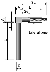 Dessin de l'option 22, la cartouche chauffante haute charge équerre est accompagnée d'un manchon silicone.